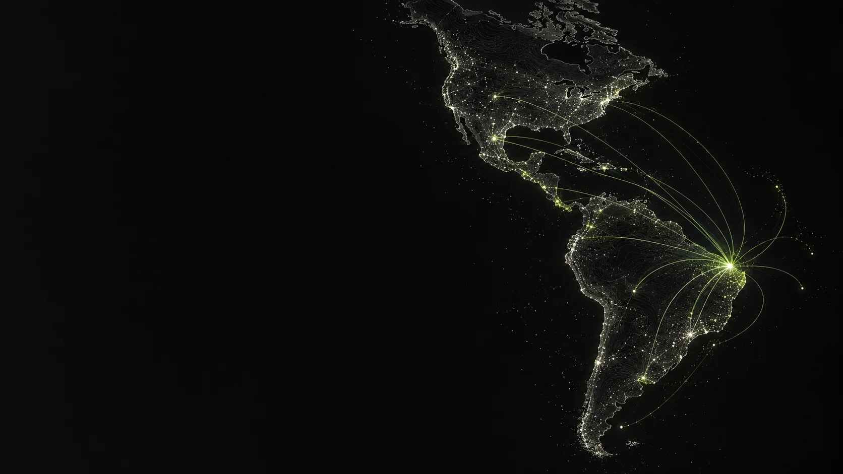 Representação conceitual de conexões digitais entre regiões das Américas, partindo do Brasil